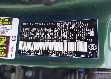 2014 Toyota Corolla Le z USA, uszkodzony, nr VIN 2T1BURHE0EC171099